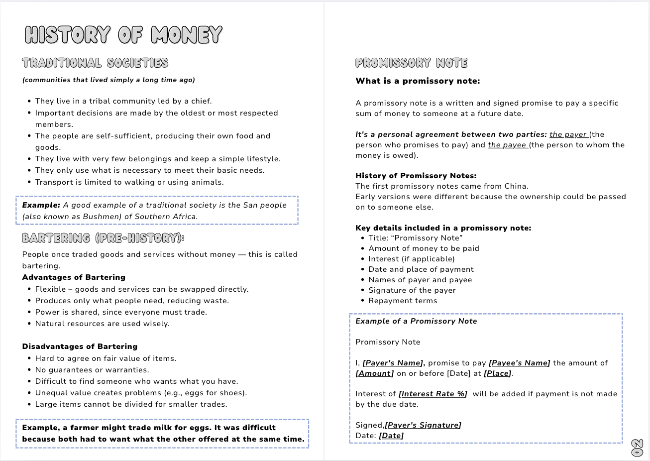 Educational document on the history of money and promissory notes. EMS Summaries 